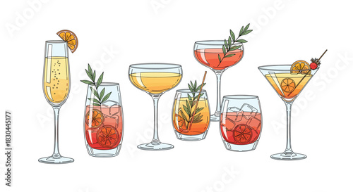 A vibrant collection of various alcoholic and non-alcoholic summer cocktails and drinks, garnished with fresh fruits and herbs, presented in stylish glasses.