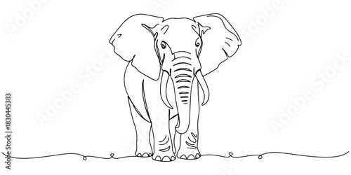 Continuous one line drawing of an elephant with large ears and a protruding trunk, representing strength and wisdom, line art style vector illustration.
