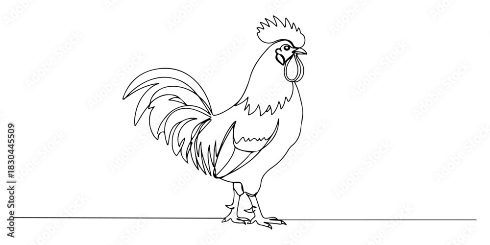 Fototapeta premium Continuous one line drawing of a rooster standing upright, representing confidence and awakening, line art style vector illustration.