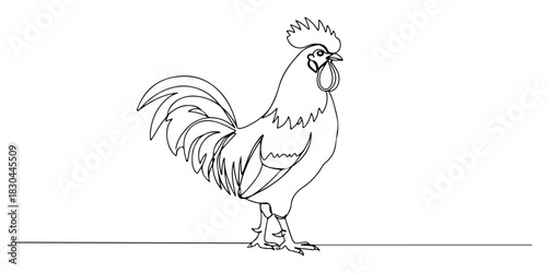Continuous one line drawing of a rooster standing upright, representing confidence and awakening, line art style vector illustration.
