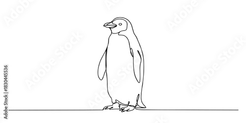 Continuous one line drawing of a penguin and its flippers close to its body, representing cuteness and endurance, line art style vector illustration.