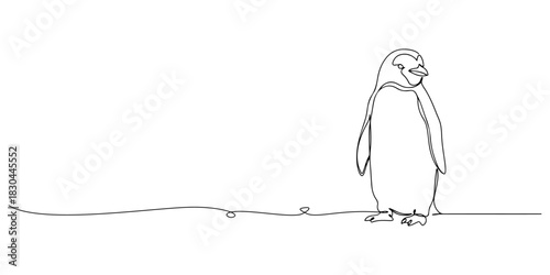Continuous one line drawing of a penguin and its flippers close to its body, representing cuteness and endurance, line art style vector illustration.