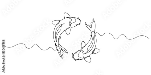 Continuous one line drawing of two koi fish swimming in circles, representing peace and persistence, line art style vector illustration.