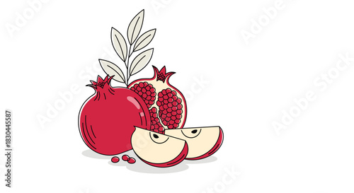 Fresh and healthy autumn fruits, including whole and halved pomegranates with juicy seeds and sliced apples, in a charming illustration.