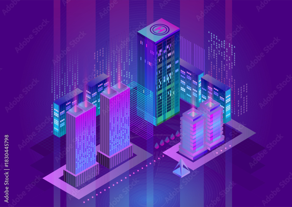 Fototapeta premium Isometric Futuristic Smart City with Neon Lights