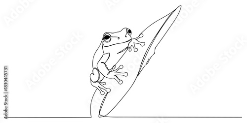 Continuous one line drawing of a tree frog holding on to a leaf, representing agility and adaptability, line art style vector illustration.