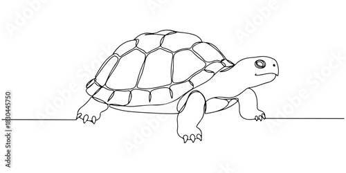 Continuous one line drawing of a turtle with a dome shaped shell, representing patience and longevity, line art style vector illustration.