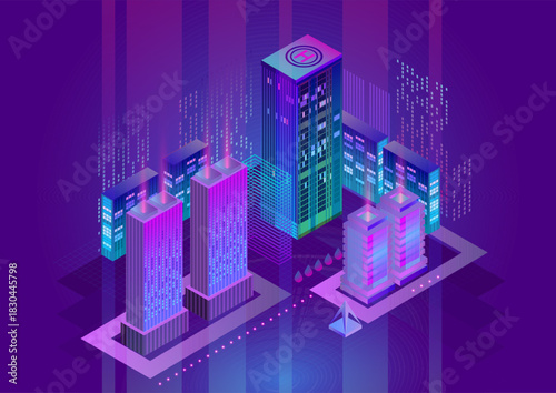 Isometric Futuristic Smart City with Neon Lights