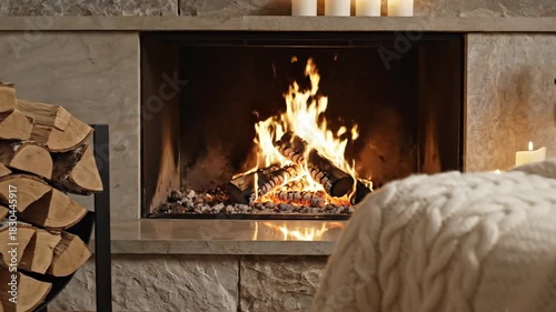 Cozy Fireplace with Burning Logs and Soft Blanket 4K Footage of a Relaxing Winter Scene for Content Creation