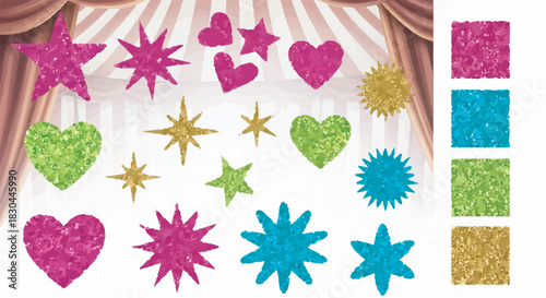 Vibrant glitter stars and hearts vector set with colorful texture swatches for design projects