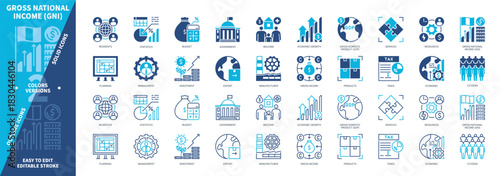 Gross National Income GNI icon set. Investment, Citizens, Export, Economic Growth, Government, Resources, Budget, Welfare. Duotone color solid and editable outline icons