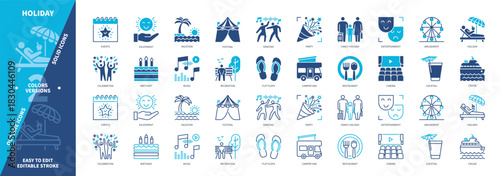 Holiday icon set. Music, Party, Family Holiday, Amusement, Birthday, Cinema, Recreation, Vacation. Duotone color solid and editable outline icons