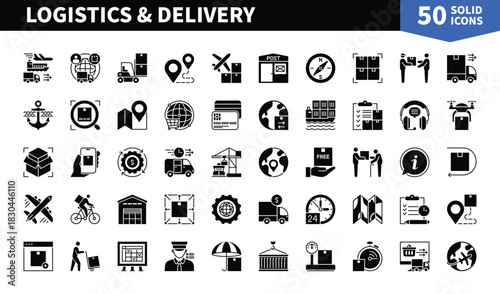 Set of 50 solid icons related to Logistics and Delivery. Containing planning, distribution, route, order, shipment, van, freight and more. Pictograms for web, mobile app and infographics