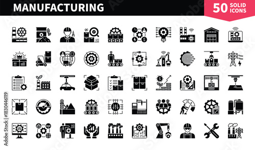 Set of 50 solid icons related to Manufacturing. Containing resources, management, employees, worker, technology, factory, manufacture and more. Pictograms for web, mobile app and infographics