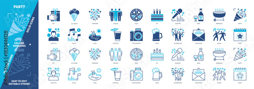 Party icon set. Dance, Ice Cream, Celebrating, Pizza, Wine, Lifestyle, Firework, Photography. Duotone color solid and editable outline icons