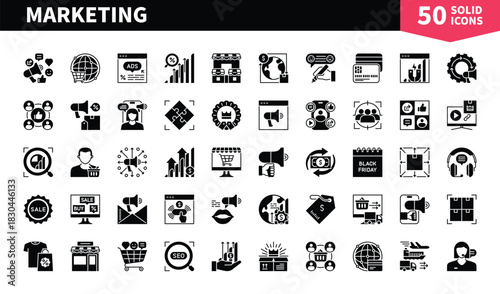 Set of 50 solid icons related to Marketing. Containing trade, sharing, audience, newsletter, rating, store, payments and more. Pictograms for web, mobile app and infographics