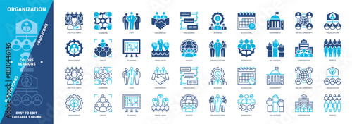 Organization icon set. Teamwork, Organized Crime, Group, Online Community, Procedures, Staff, Scheduling, Business. Duotone color solid and editable outline icons