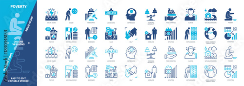 Poverty icon set. Unemployed, Misery, Depression, Hopelessness, Natural Disaster, Borrower, Inflation, Homeless. Duotone color solid and editable outline icons