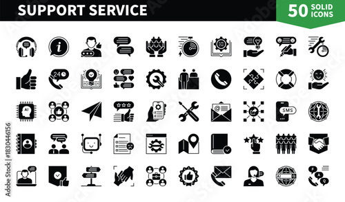 Set of 50 solid icons related to Support Service. Containing assistance, advice, rescue, guidance, customers, feedback, information and more. Pictograms for web, mobile app and infographics