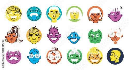 Colorful Avatar Collection Set Showing Diverse Facial Expressions and Emotions Isolated on White