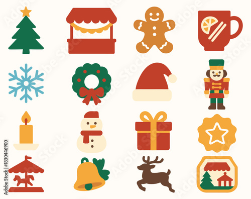 Christmas Market Holiday Icons with Tree, Gifts, and Festive Decorations