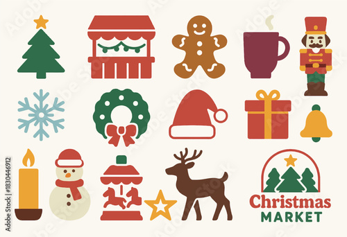Christmas Market Holiday Icons with Tree, Gifts, and Festive Decorations