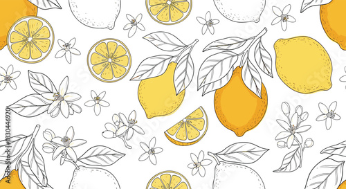 Hand-drawn seamless pattern with fresh yellow lemons, lemon slices, leafy branches, and delicate white lemon blossoms on a clean white background.