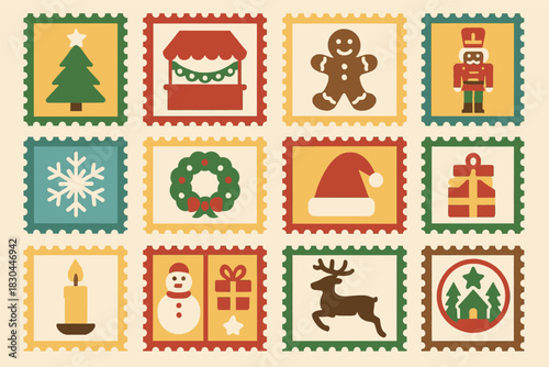 Christmas Market Stamp Icons with Holiday Decorations and Gifts