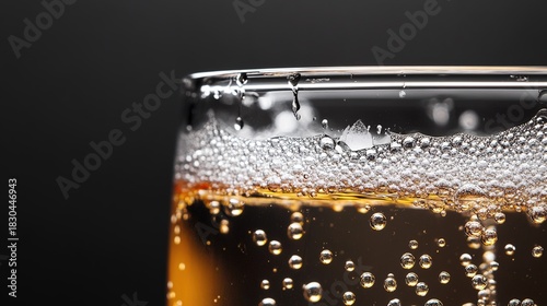 desorption. A glass of carbonated drink with rising bubbles and condensation on a clean background. bar promotions, beverage menus, designed for product packaging and bar promotions.
