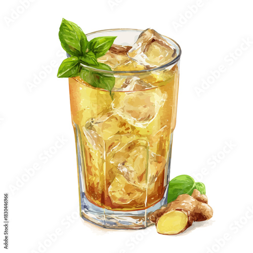 Artistic isometric watercolor image of Ginger Ale, isolated on a white surface.