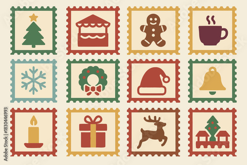 Christmas Market Stamp Icons with Holiday Decorations and Gifts