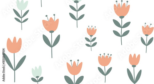 Whimsical seamless floral pattern with cute hand-drawn peach and mint flowers on a white background, perfect for textiles or nursery decor.