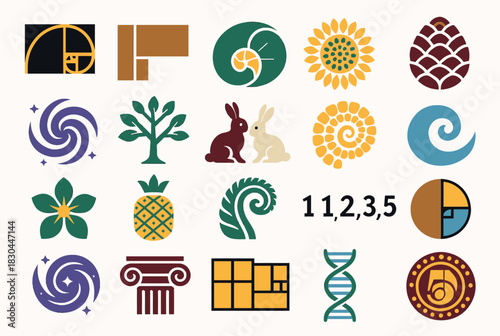 Fibonacci Day Icon Set with Mathematical and Natural Patterns