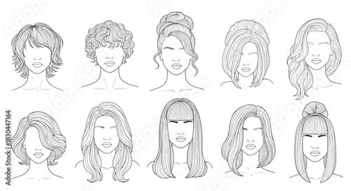 A diverse collection of ten hand-drawn line art illustrations depicting various popular female hairstyles and haircuts.