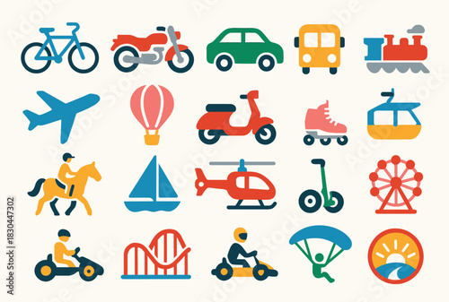 Transportation and Travel Icon Set with Vehicles, Airplanes, and Rides