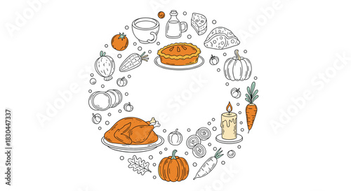 A doodle circular frame with Thanksgiving and autumn foods, including roasted turkey, pumpkin pie, and pumpkins, highlighted with orange color.