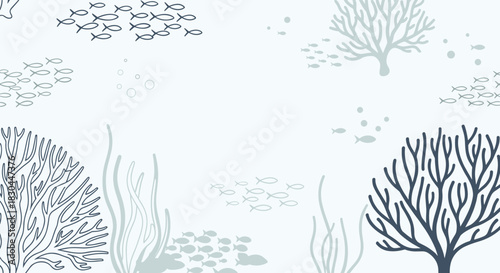 Serene minimalist illustration of an underwater ecosystem with schools of fish, diverse coral, and swaying seaweed.