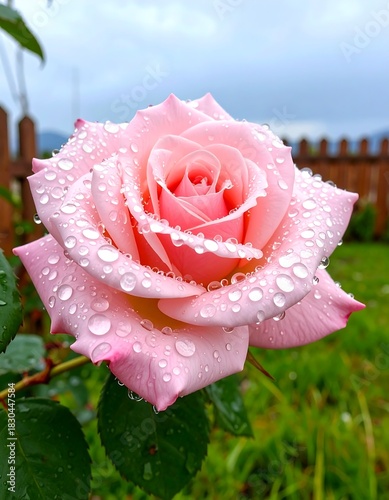 Close-up of a beautiful pink rose with water droplets in a garden.