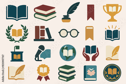 Educational and Literary Icons Collection Books, Trophies, and Awards