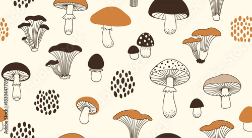 A charming hand-drawn seamless pattern featuring various mushrooms in earthy tones, perfect for autumn and nature-themed designs.