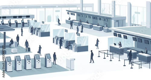Illustration of Airport Interior with People Check-in Counters and Kiosks.
