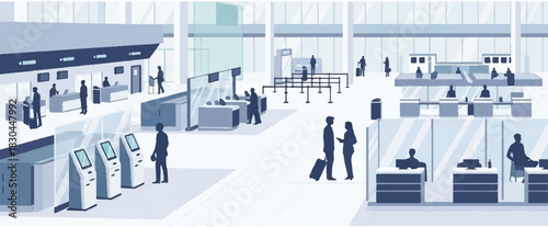 Modern airport terminal interior with silhouetted travelers check-in counters and security gates.