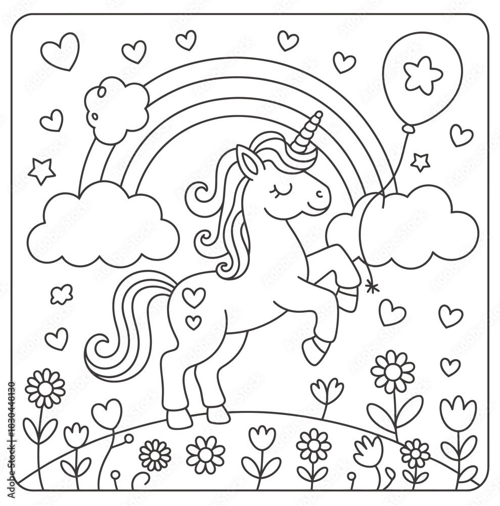 Fototapeta premium Black and white line art coloring page of a unicorn with rainbow and flowers vector