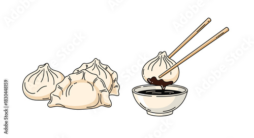 Cartoon illustration of traditional Asian dumplings, featuring gyoza and a steamed bun being dipped into soy sauce with chopsticks.
