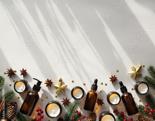 Elegant Christmas Skincare Product Flat Lay with Holiday Decoration Elements