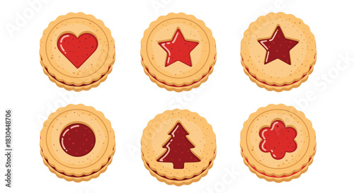 A charming illustration featuring six festive, jam-filled Linzer cookies with various cut-out shapes, including hearts, stars, and a Christmas tree.