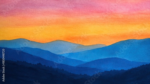 Colorful Mountain Range Sunset Watercolor Painting