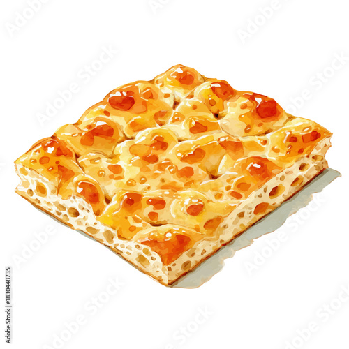 Watercolor isometric artwork featuring Focaccia, presented on white background.