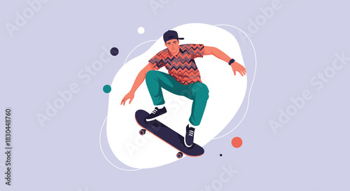 A stylish young man in a patterned shirt, green pants, and a cap is energetically skateboarding, jumping high above a subtle abstract purple background.