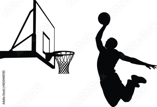Basketball player silhouette, slam dunk action, athletic jump pose, sports energy, black and white, dynamic motion, hoop, backboard, airborne, scoring moment